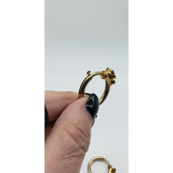 Vintage Antique Gold Hoop Earrings Rhinestones Non Pierced Push Back Clip - Picture 10 of 16